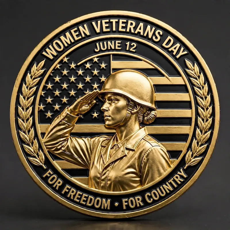 Custom 3D Women Veterans Day Challenge Coin with Gold Finish and US Flag