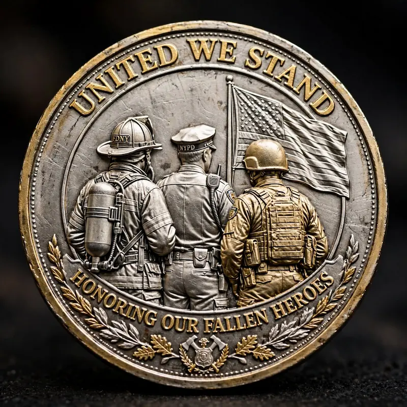 3D Antique Silver Challenge Coin Honoring FDNY NYPD and Military Fallen Heroes
